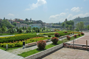 Obraz premium Panoramic view of European Square in Tbilisi, Georgia. Spring time in Tbilisi in Old part of the city