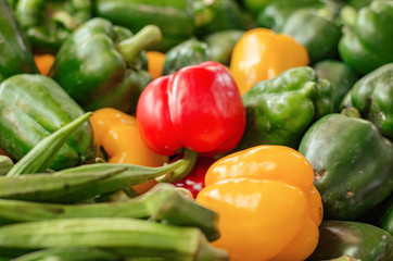 Red, yellow and green capsicum display on market stall table with various vegetables
