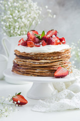 Crepes cake with cottage cheese and strawberry