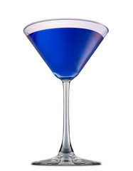 fresh fruit alcohol cocktail or mocktail in martini glass with blue beverage isolated on white background