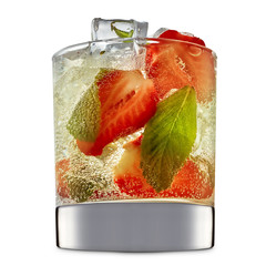 fresh fruit alcohol cocktail or mocktail in classic glass with ice, strawberry and mint isolated on...