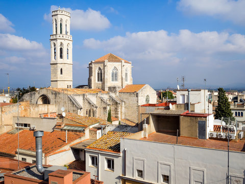 aerial view of old buildings from roof in Figueres, Spain