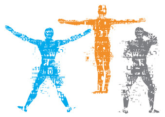 Naklejka na ściany i meble Male silhouettes with binary codes. Three male silhouettes grunge stylized with binary codes and digital numbers. Isolated on whitw background. Vector available.