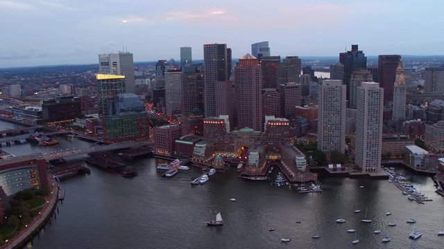 Aerial view of downtown Boston, Massachusetts at dusk