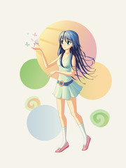 Vector illustration of the anime girl, where the butterflies are fly near her hand. If it is need batterflies could be remove, so the girls hand could be use as a pointer for any text or object