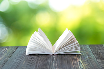 Open book on wood planks over abstract light background