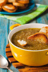 Classic onion soup with croutons.