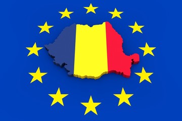 EU flag with cutout of Romania in national colors