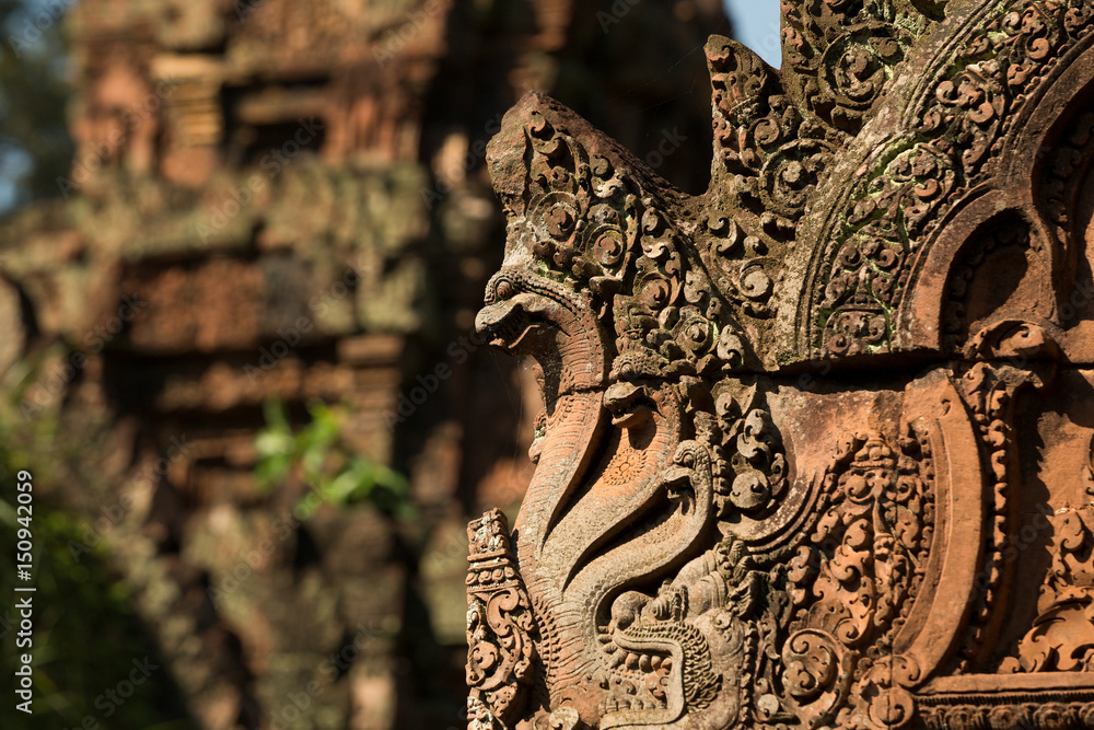 Wall mural carving details at banteay srei angkor temple