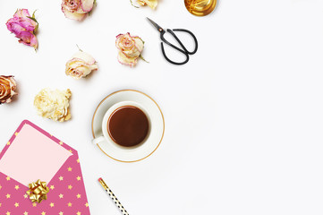 coffee and roses on the white background, top view, Flat lay