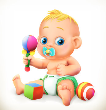 Baby and toys, 3d vector icon