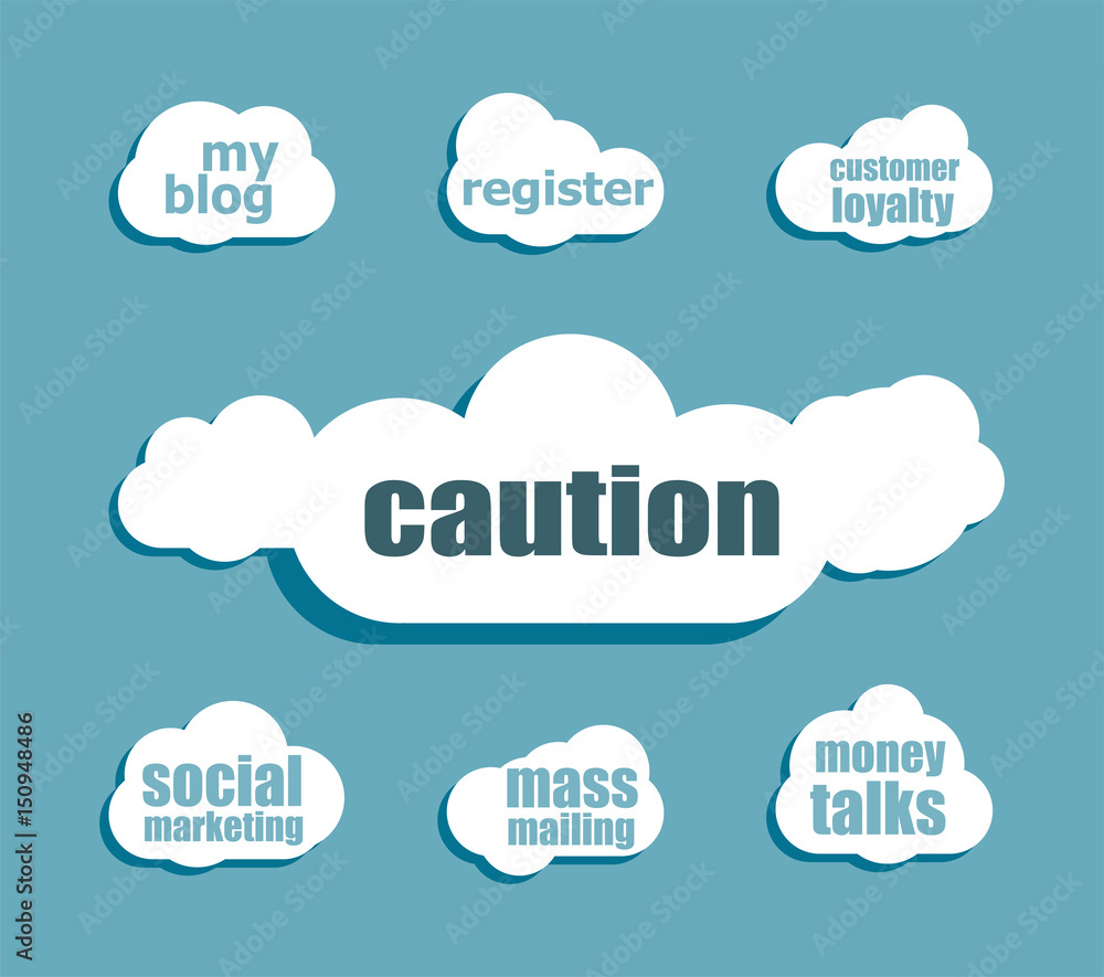 Poster security concept. word caution . design with abstract speech bubble set