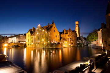 Historic Medieval City of Bruges with River Canal at Dusk, Belgium