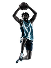 Naklejka premium one afro-american african basketball player man isolated in silhouette shadow on white background