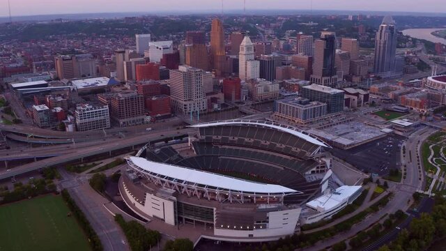 Aerial view of Cincinnati, Ohio at sunset
