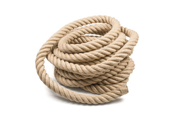 Pile of thick sturdy hemp rope on white background - obrazy, fototapety, plakaty