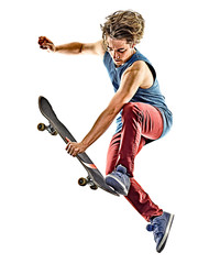 one caucasian skateboarder young teenager man skateboarding isolated on white background - obrazy, fototapety, plakaty