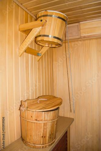 Wooden Bucket For Pouring Cold Water And A Bucket With A Lid