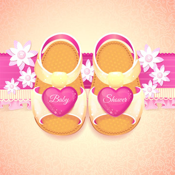 Baby Shower baby girl pink shoes. Vector illustration of children's white sandals with pink hearts on the background of ribbons and buttons of flowers