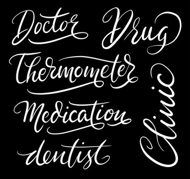 Clinic and drug hand written typography. Good use for logotype, symbol, cover label, product, brand, poster title or any graphic design you want. Easy to use or change color