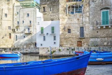 Fototapeta na wymiar Blue boats in seaport of Monopoli, Italy