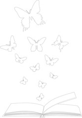 butterflies flying above open book sketch on white