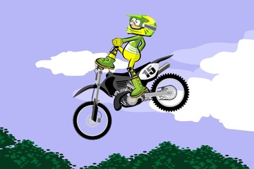 Fototapeta na wymiar Motocross rider performing a high jump. Cartoon style