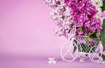 Branches of lilacs in a decorative basket on purple background.