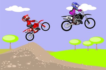Fototapeta na wymiar Motocross Racer extreme in dust track. Cartoon Style