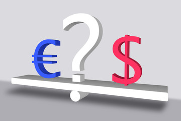 euro versus dollar with a question mark
