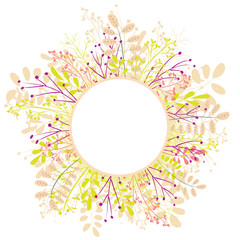 Round frame of multi-colored flowers, leaves and grass on a white background