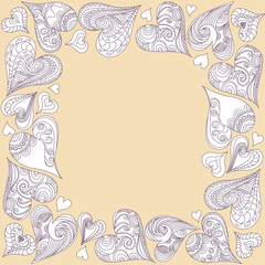 Abstract frame for valentine's day from white hearts on a creamy background