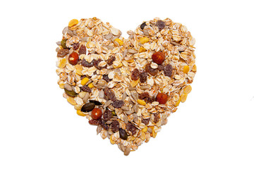 Heart-shaped muesli and cereal on isolated white background