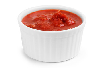Ketchup in bowl isolated on white background. Portion of red tomato sauce. With clipping path.