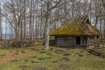 Obraz premium Old wooden house in the countryside in Estonia in springtime