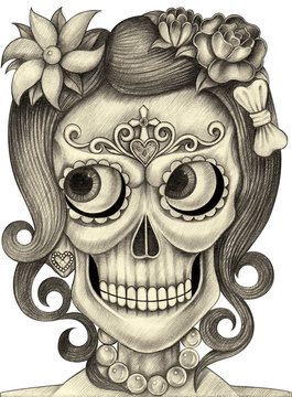 Sugar Skull Day of the dead.Hand pencil drawing on paper.