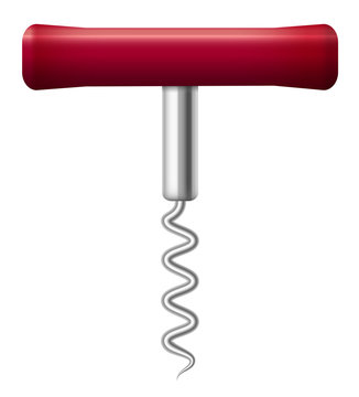 Corkscrew with wine red handle - traditional version of basic winery tool - isolated 3d vector illustration on white background.