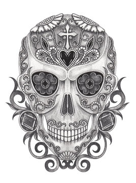 Sugar Skull Day of the dead.Hand pencil drawing on paper.