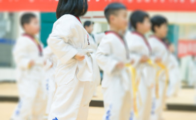 Chinese teenagers in martial arts training exercising Taekwondo.