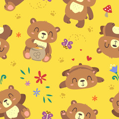 vector bear cartoon spring summer seamless pattern