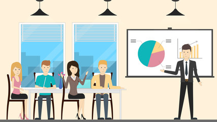 Office conference room. Meeting for businessmen to discuss agenda.