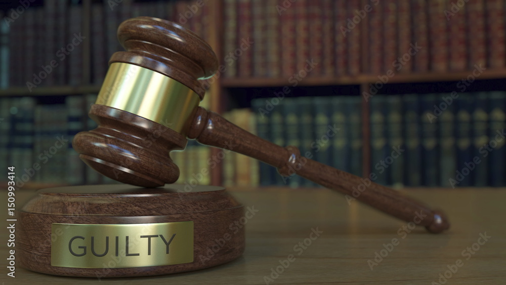 Poster judge's gavel and block with guilty inscription. 3d rendering