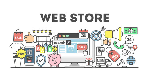 Web store concept illustration. Signs and icons on white background.