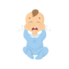 Crying baby boy. Isolated sad baby with tears.