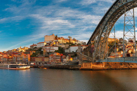 Douro river, Ribeira and Dom Luis I or Luiz I iron bridge in the sunny morning Porto, Portugal.