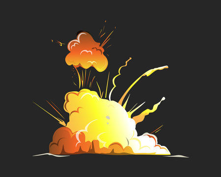 Isolated explosion icon on black background. Cartoon comic boom effect.