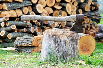 Ax stuck in a log of wood outside,photo. Village background