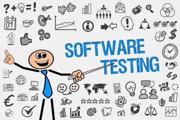 Software Testing / Mann mit Symbole