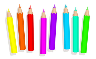 Little baby neon crayons - fluorescent colored short pencils loosely arranged - isolated vector illustration on white background.