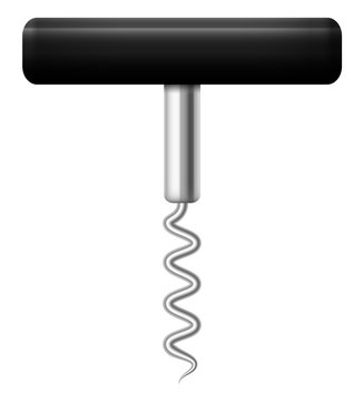 Corkscrew with black handle - traditional version of basic winery tool - isolated 3d vector illustration on white background.